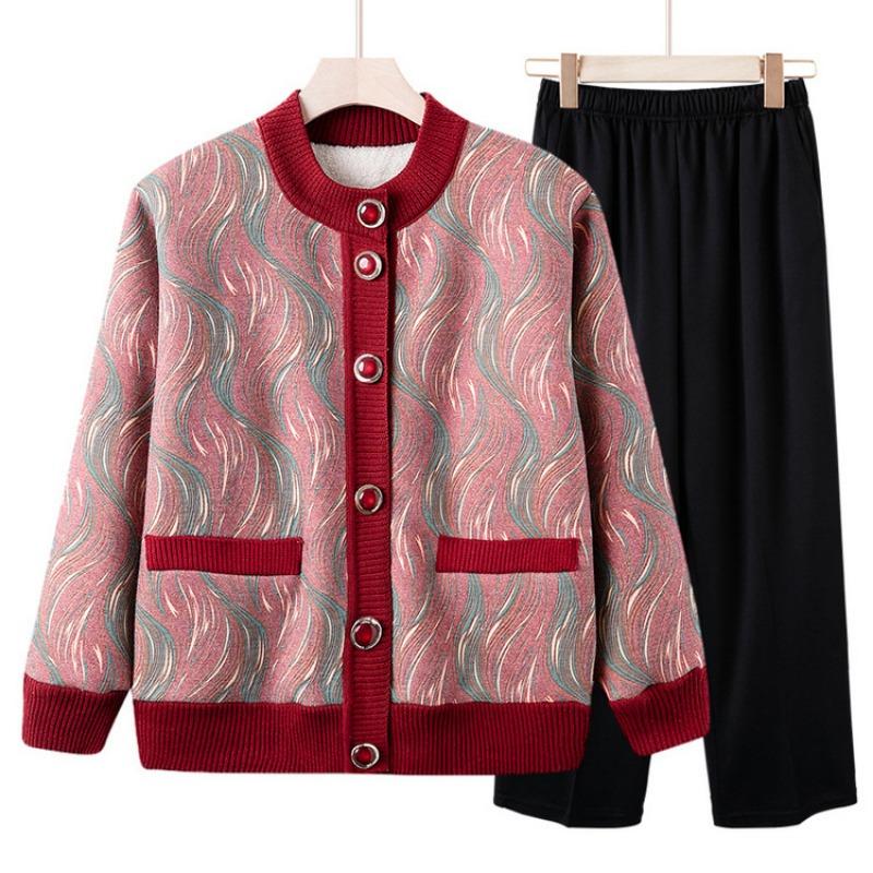 Middle-aged and Old New Mother's Fleece Thickened Cardigan Sweater Grandma Autumn and Winter Knitted Sweater Women's Old Lady Coat