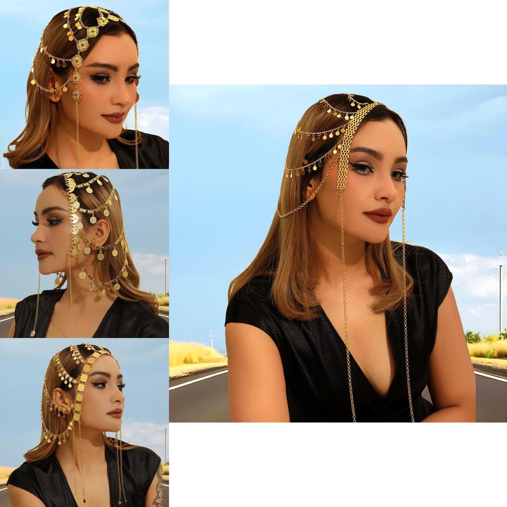 Middle Eastern Style Golden Headpiece With Tassels And Coin For Women And Festive Events