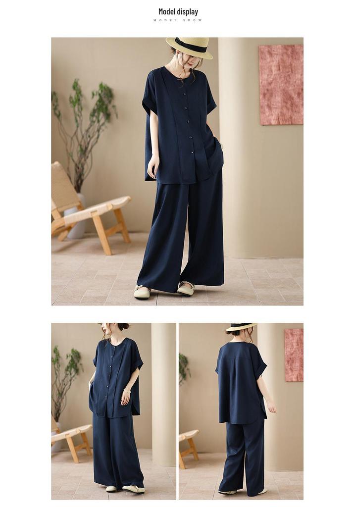 Artistic Summer Cotton Linen Two-Piece Set: Short Sleeve Shirt & Wide Leg Pants