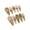 Luxury Gold Floral 3D Embossed Nail Tips Long Pointed False Nails Women Wearable Press-On Acrylic Art