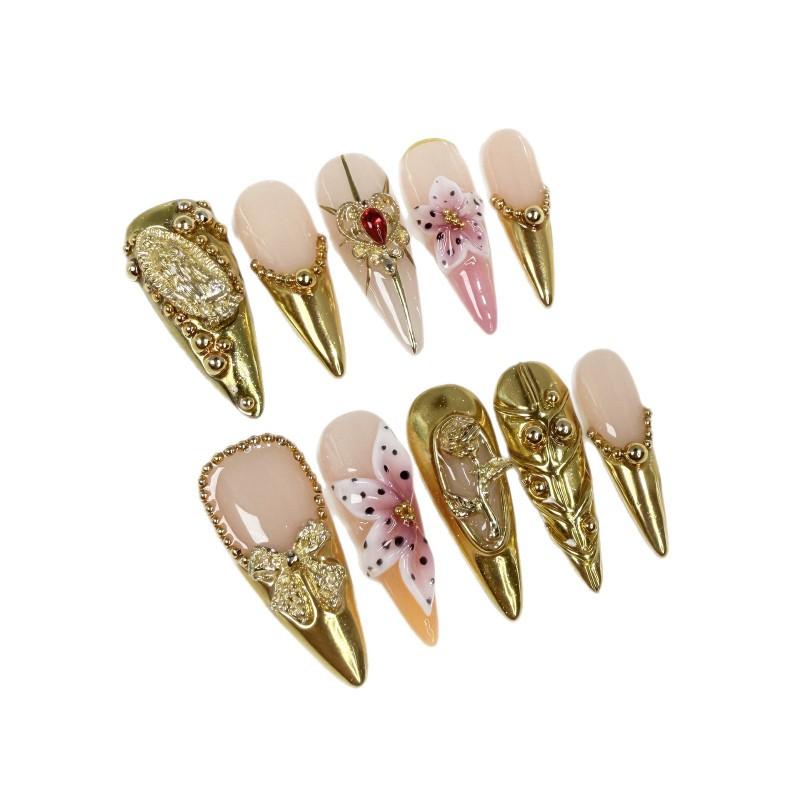Luxury Gold Floral 3D Embossed Nail Tips Long Pointed False Nails Women Wearable Press-On Acrylic Art