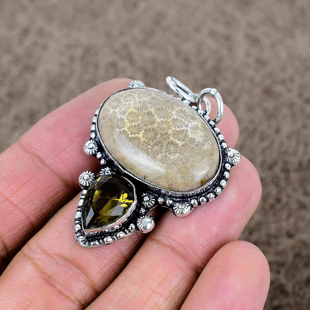 Fossil Coral, Topaz Gemstone 925 Sterling Silver Jewelry Pendant 2.01" KKG-335