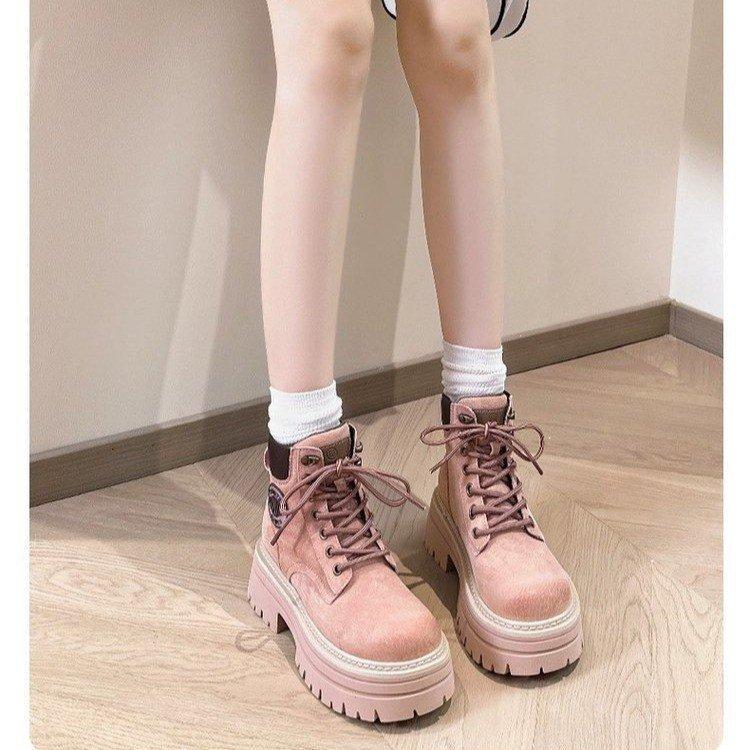 Leather Martin boots women's 2025 spring and autumn new pink small British style short boots thick-soled explosive big yellow boots