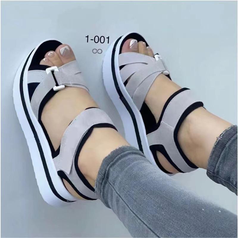 New Sandals Women's Large Size Thick-soled Round Head Cross-buckle with Color Matching Velcro Beach Sandals