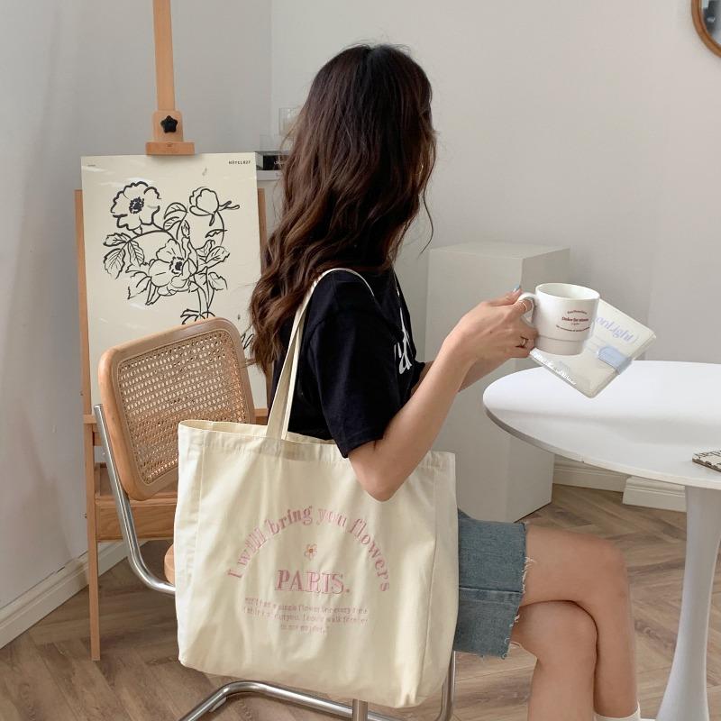 2 Wind Ladies Canvas Bag Letter Embroidered Shoulder Bag Large Capacity Student Tote Bag Shopping Bag