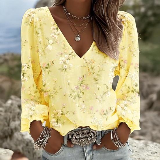 Yousheng Women Tops Retro Floral Print Puff Long Sleeve Shirt V-neck Loose Fit Casual Blouse Breathable Daily Wear