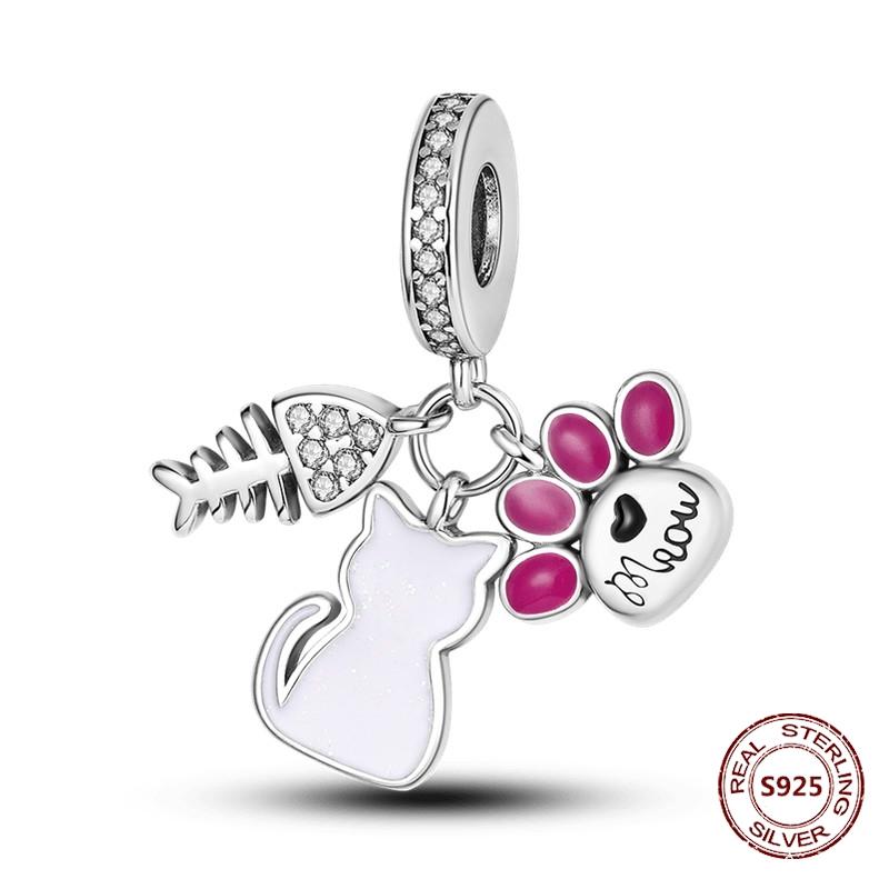 Copper Original Dog Cat Safety Chain Lazy Cat Pink Zircon Pet Paw Print Footprint Charms Fit Bracelet For Women Diy Jewelry