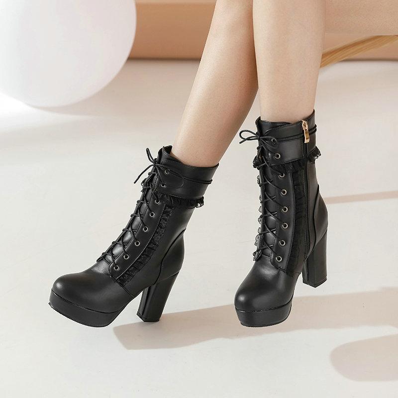 Fashion Princess Lolita Boots Women Motorcycle Boots Autumn Winter Side Zipper Lady Lace Platforms Chunky Heel Party Shoes