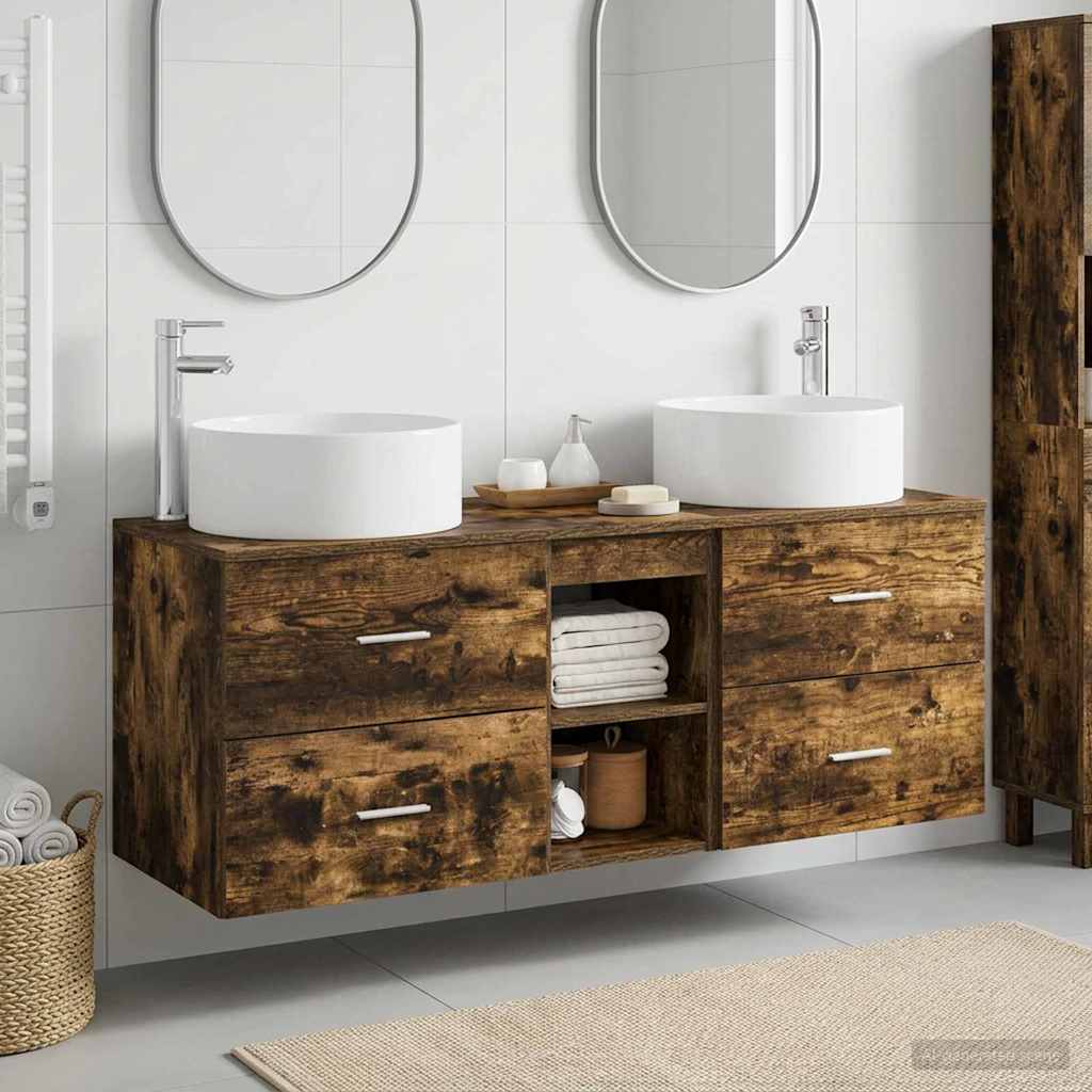 Bathroom Furniture Set 3 pcs Smoked Oak 129 x 44.5 x 80 cm