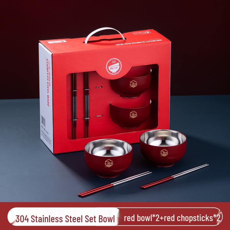 Red 304 Stainless Steel Bowl Set, Double-Layer, Anti-Scald, Heat Insulation - Available in Four or Six-Piece Sets.