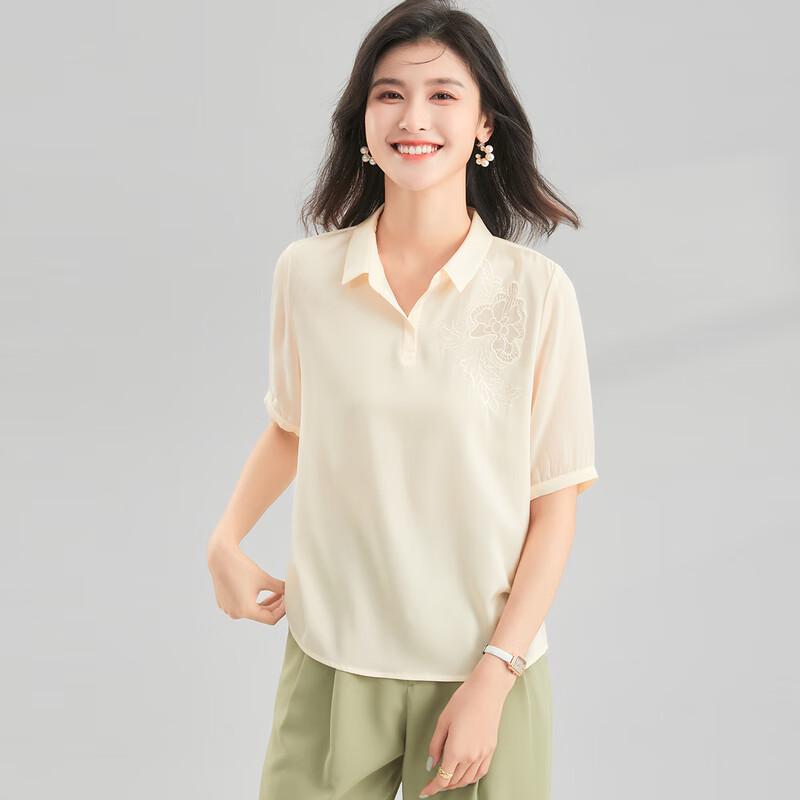 Elegant Mulberry Silk Floral Embroidered Short Sleeve Top L