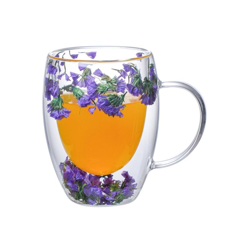 Double-layer Glass Mugs with Dry Flower and Handle for Coffee, Cocktails Elegant Glasses Cup for Entertaining Guest