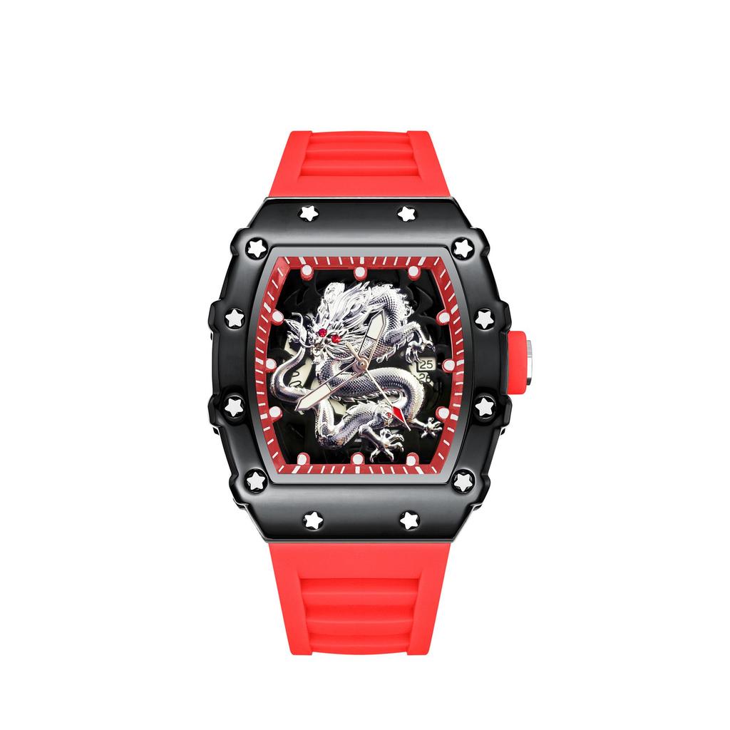 2024 Herren Tonneau Silber Drache Quarz Uhr: Lässig, Sportlich, Leuchtend, Wasserdicht, Vollautomatisch.