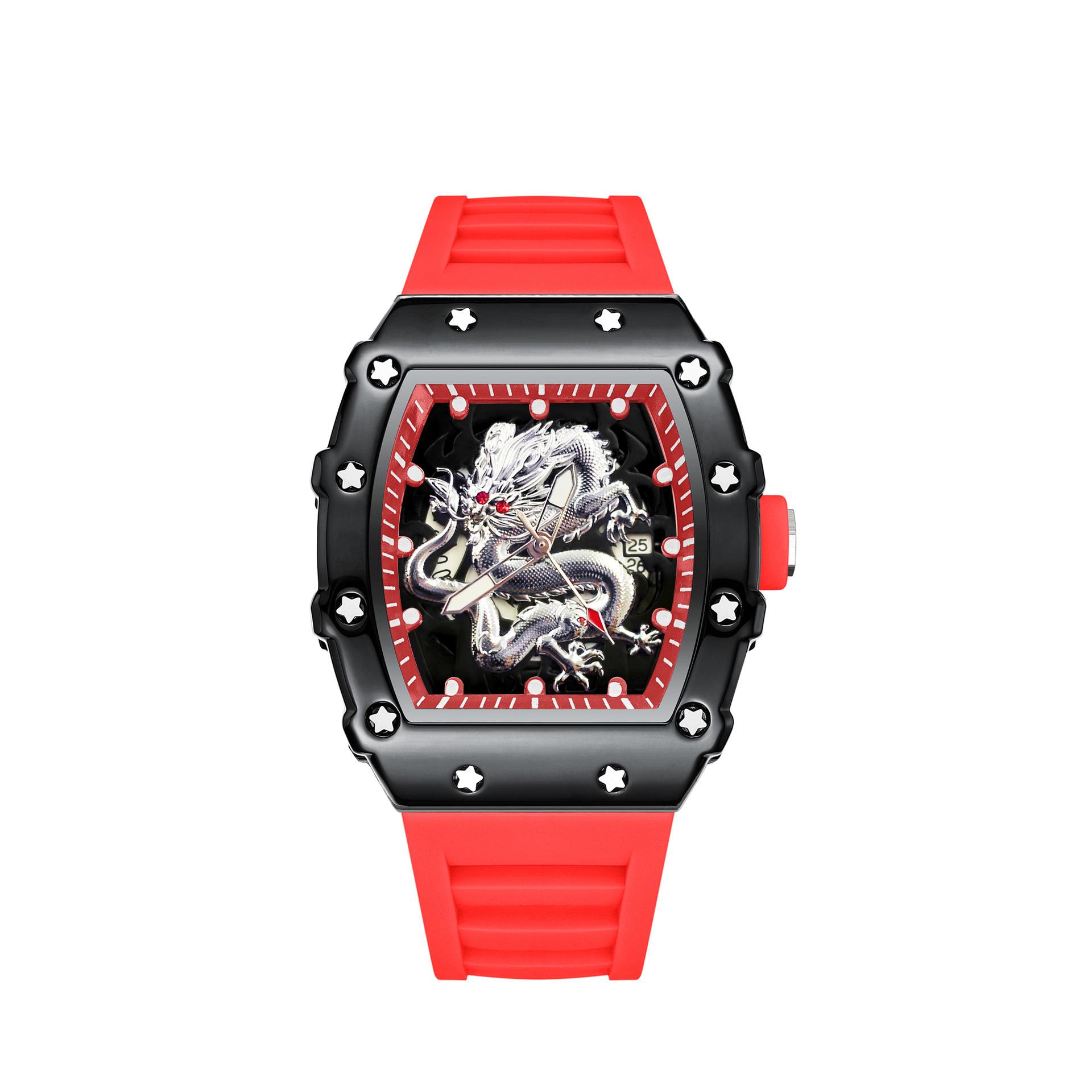 

Мужские часы-бочка 2024 года, серебристые, с драконом, кварцевые: Повседневный, Спортивный, Светящийся, Водонепроницаемый, Полностью автоматический. Watch Only красный