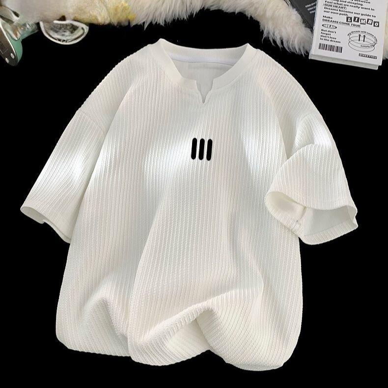 Men s summer Hong Kong style ins trendy V-neck five-quarter sleeve texture printed T-shirt loose and versatile thin and breathable L
