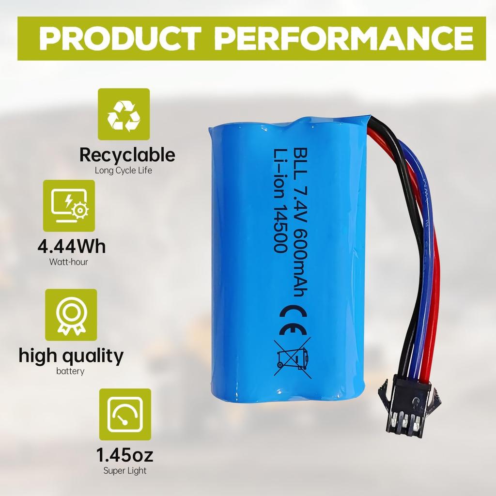 1x Li-ion Battery 7.4V 600mAh 2S with SM-3P Connector + USB Cable – Compatible with RC Car DE82, TK3086B, TK-3082B, G20601, Stunt Flip Car