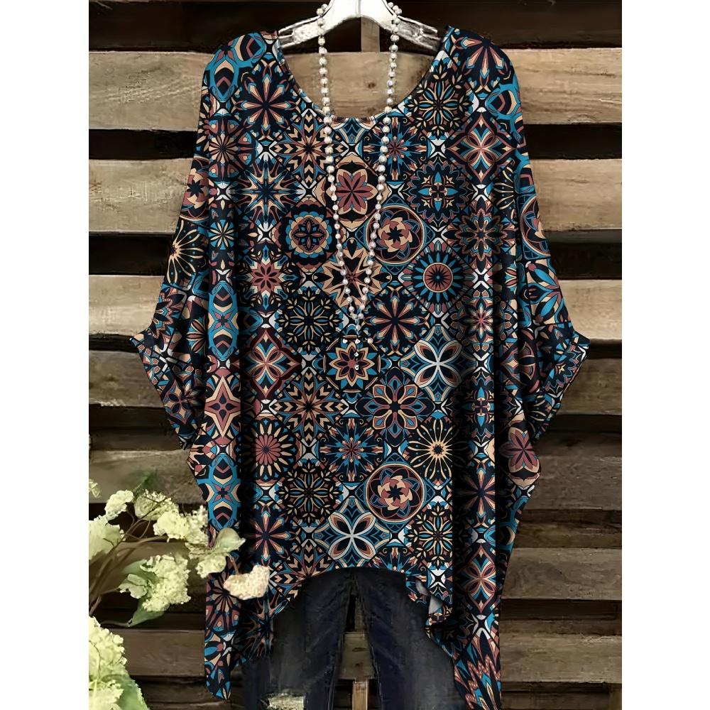 Women T-Shirts Retro Ethnic Style Graphic Print Casual Irregular Hem O- Neck Summer Street Clothing Women s Short Sleeve T-Shirt 1XL
