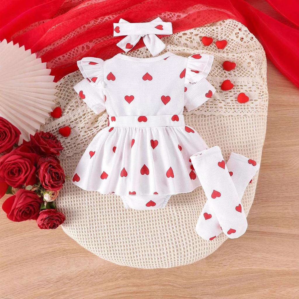 Newborn Baby Girls Clothes Heart Print RomperHeadband Socks 3PCS Set Infant Baby Long SleevesJumpsuits Summer Clothing 0-18M