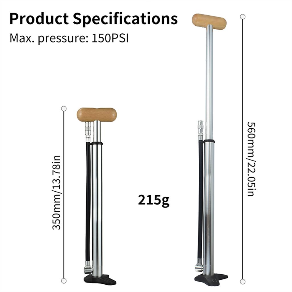 Aluminum Alloy Silvery Portable Bicycle Manual Air Pump 150 PSI with Quick Switch Nozzle for Road/MTB Bike with Wooden Handle