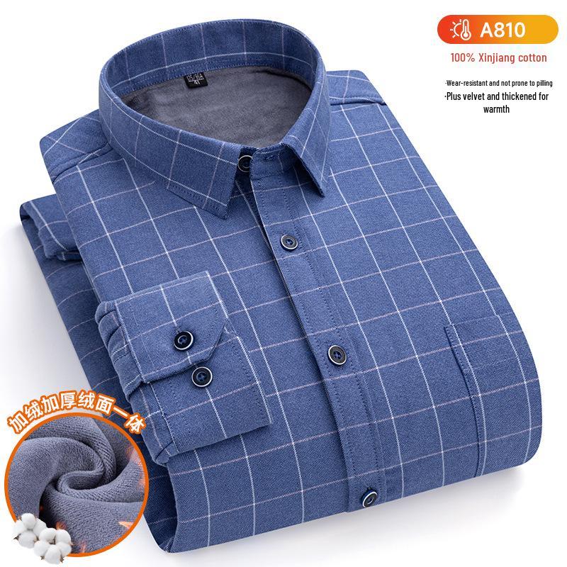 New Plus Size Velvet-Lined Men's Pure Cotton Plaid Shirt - Warm, Thickened for Autumn/Winter Cold Protection