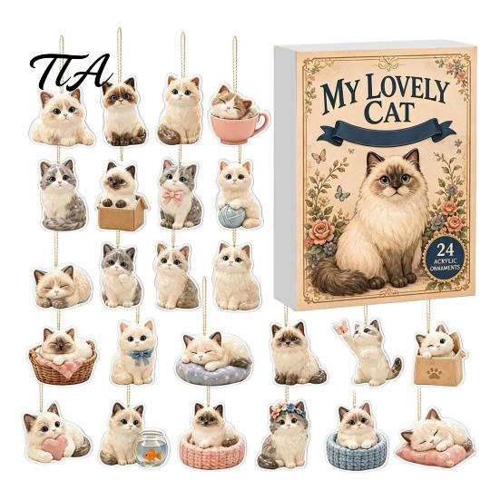 Cat Lover Gift Ideas Ragdoll Advent Calendar, Includes 24 Kitten Acrylic Hanging Ornaments, Cute Christmas Calendar 2D Flat Kitty Pendants for