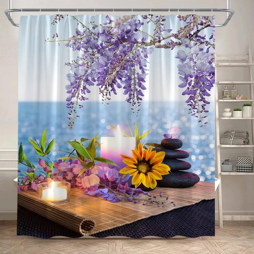 Zen Green Bamboo Shower Curtains Purple Orchid Butterfly Flowers Plants Black Stone Spa Nature Scenery Fabric Bathroom Decor Set