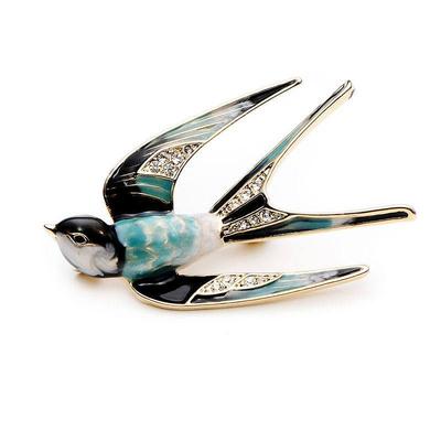 European and American Retro Vintage Style Imitation Enamel Diamond-Encrusted Swallow and Magpie Brooch for Coat and Jacket, Gift