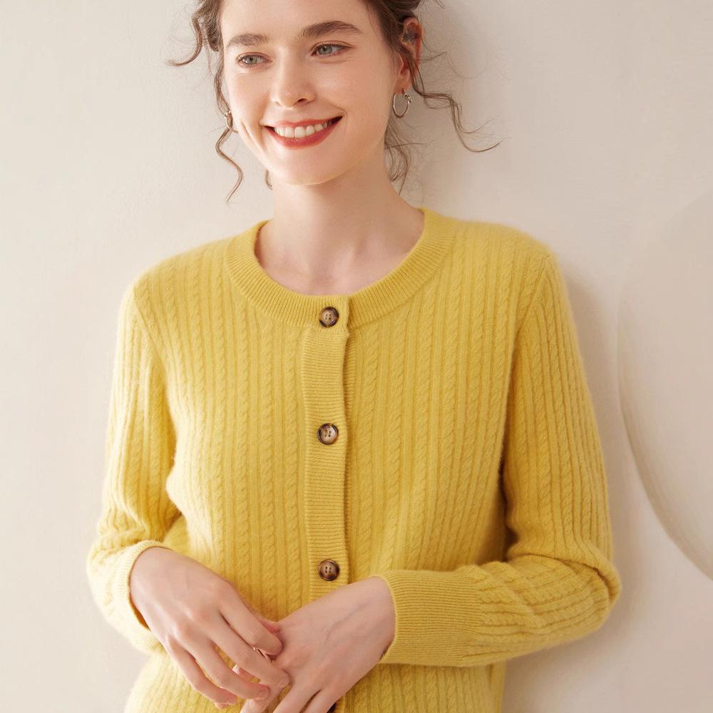 Women's Loose Fit Single-Breasted Cashmere Cardigan - Warm, Fashionable, Versatile Round Neck Knit Top