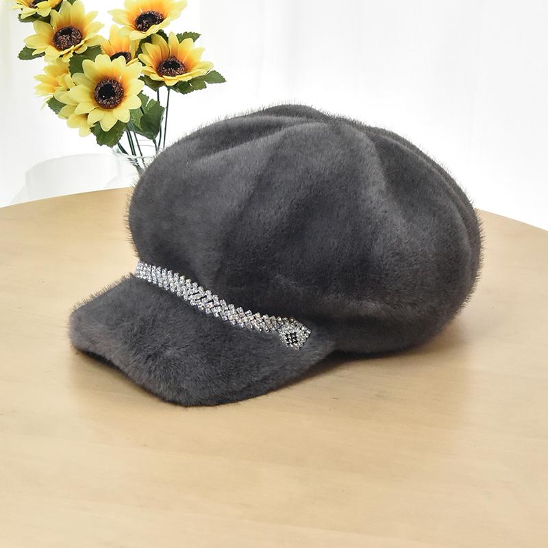 Luxury Faux Mink Fur Beret with Visor for Women, Winter Double Warmth Cotton Lined Hat, Stylish Outdoor Peaked Beret