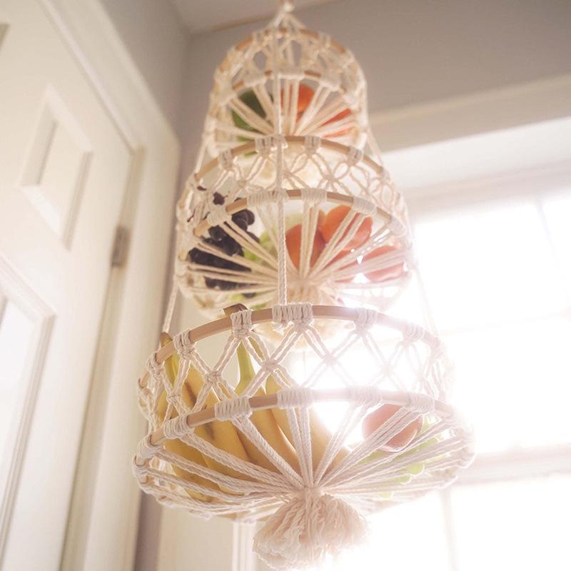 Hand-Woven Cotton Rope Mesh Basket for Kitchen, Fruit, Flowers, Vegetables, and Bohemian Décor.