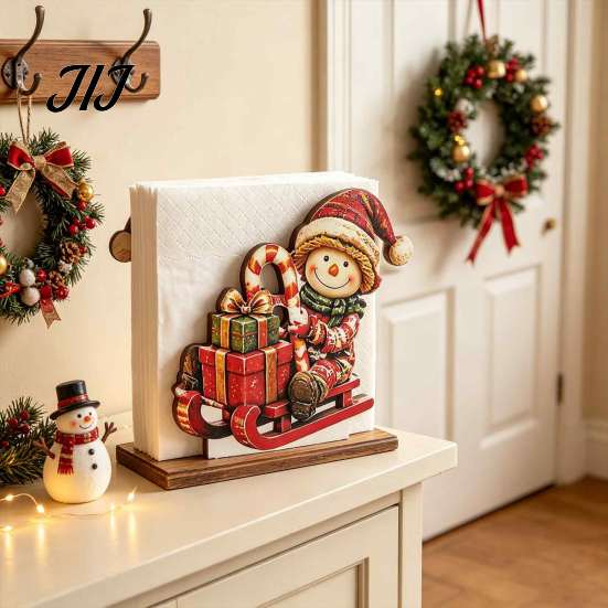 Solid Wood Tissue Dispenser Snowman Napkin Holder for Dining Table, Vertical Christmas Table Dispenser, Storage Holiday Home Decor Wooden Organizer