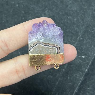 1Pc, Unique Natural Amethyst Cluster Pendant with Agate Layer, Golden Plated Crystal Charm for DIY Necklace Jewelry Making, 24×30mm