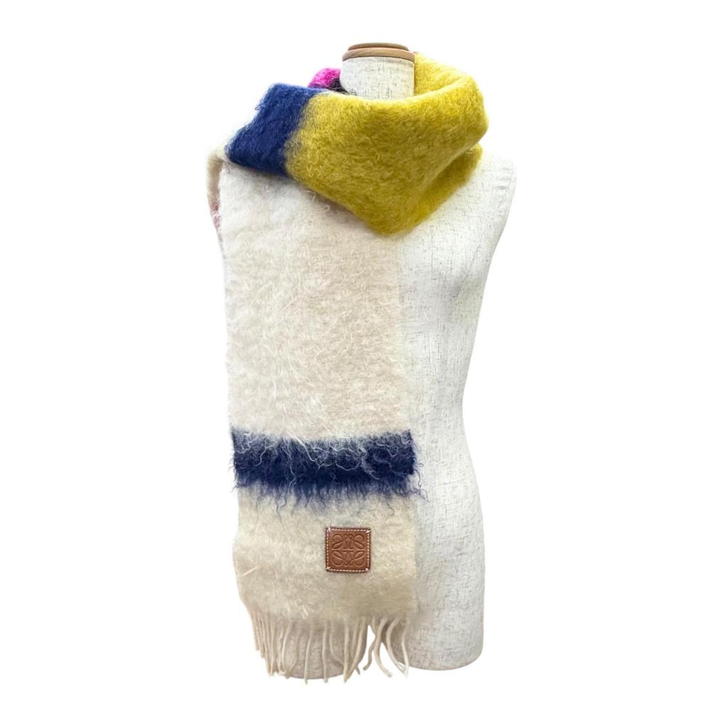 Great LOEWE Scarf Anagram Leather Patch Border Fringe Long Ivory Wool Women Used