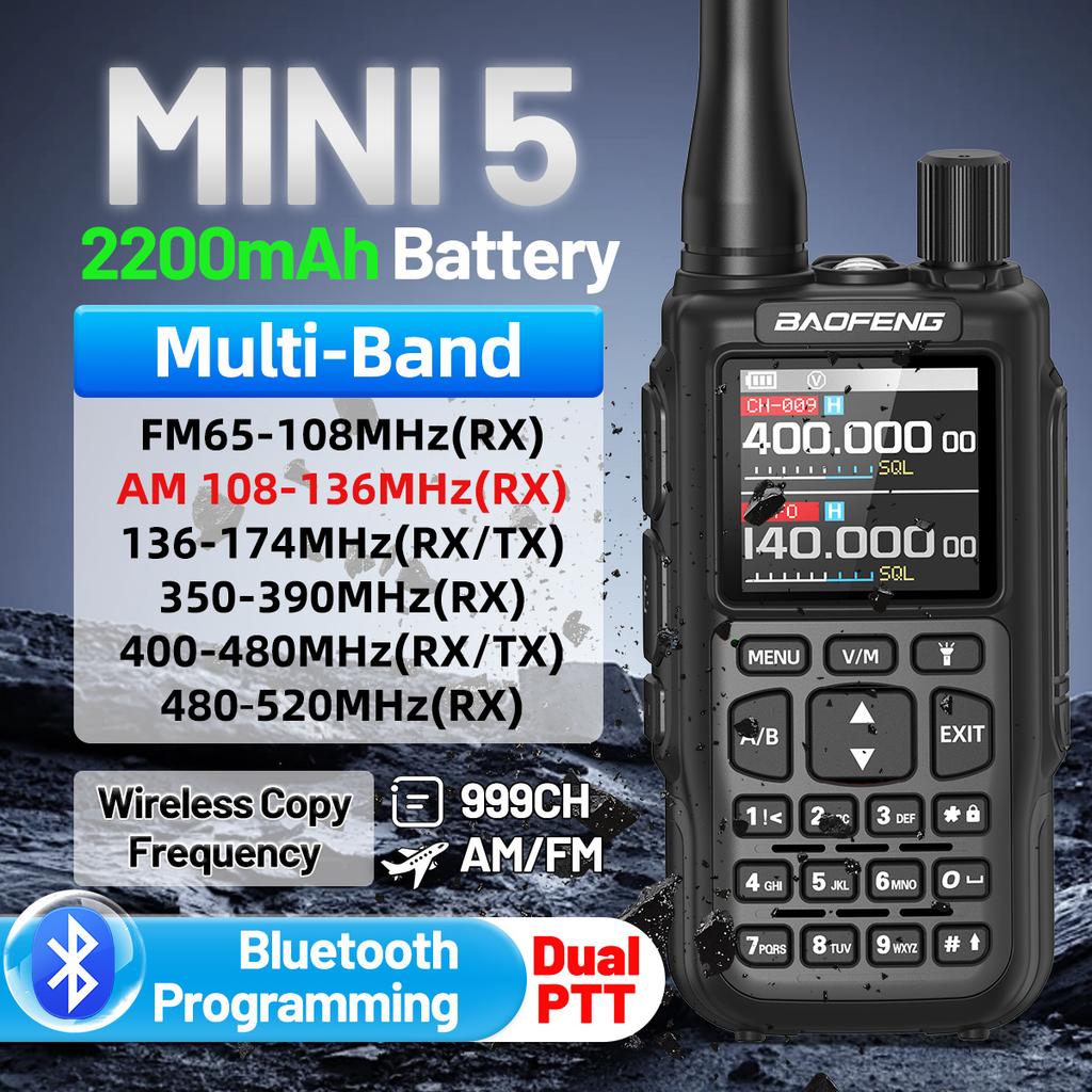 BAOFENG MINI 5 Walkie Talkie 2200mAh Bluetooth Programming Dual PTT Wireless Copy Frequency Multi Band New UV 5R Mini Ham Radio