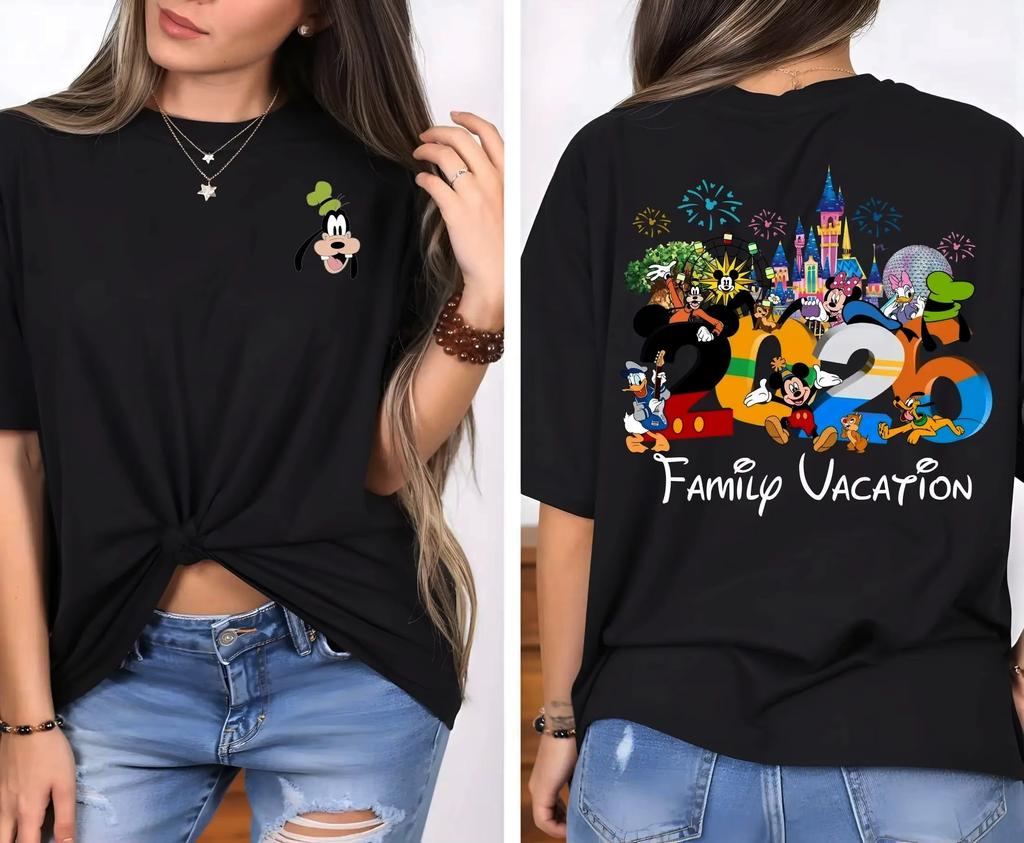 Potdemiel 2026 Family Vacation Tshirt Double Sided Cartoon Castle Print Casual Short Sleeve Tee for WoUnisex