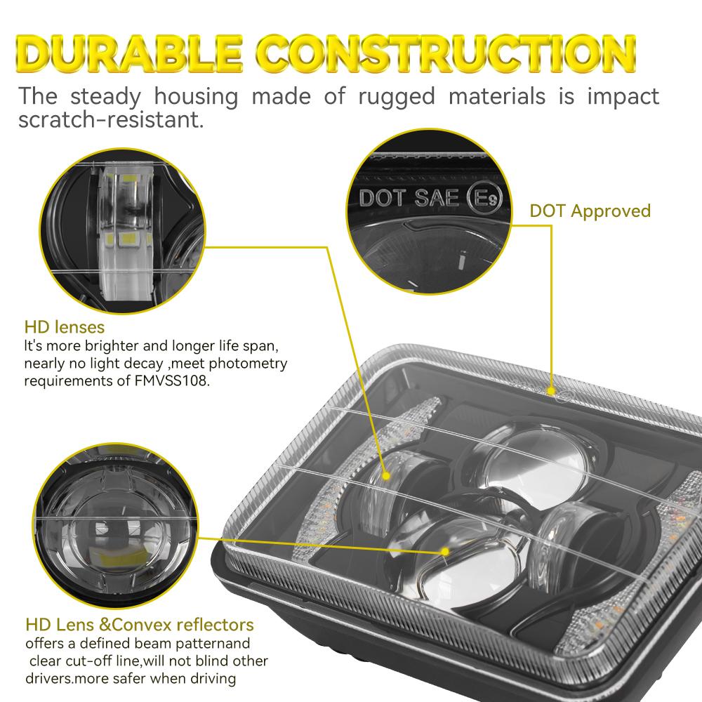 4x6" Inch LED Headlights Hi/Lo Beam with White Amber DRL for H4651 H4652 H4656 H4666 Car Truck Conversion Offraod