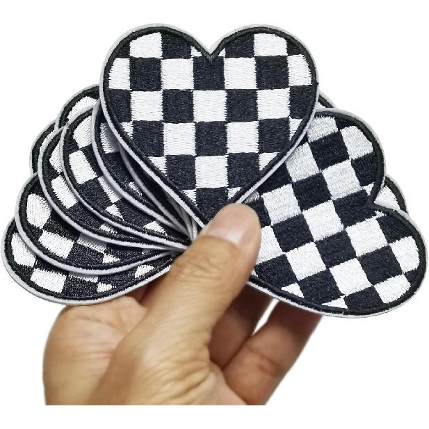 Set of 12pcs Black and White Racing Day Race Day Checkered Flag Heart Iron On Embroidered Patches Appliques Machine Embroidery Jacket Denim Jeans
