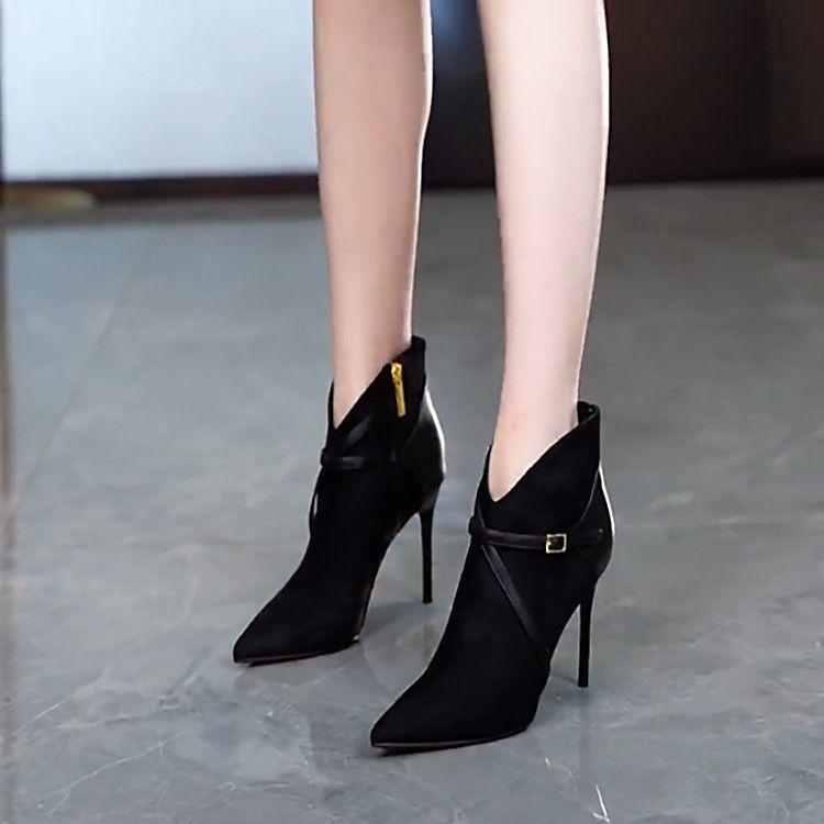 Французские остроносые ботильоны на шпильке - 2025 ОсеньЗима Замшевые высокие каблуки с дизайном с пряжками 39 чёрный 4770₽