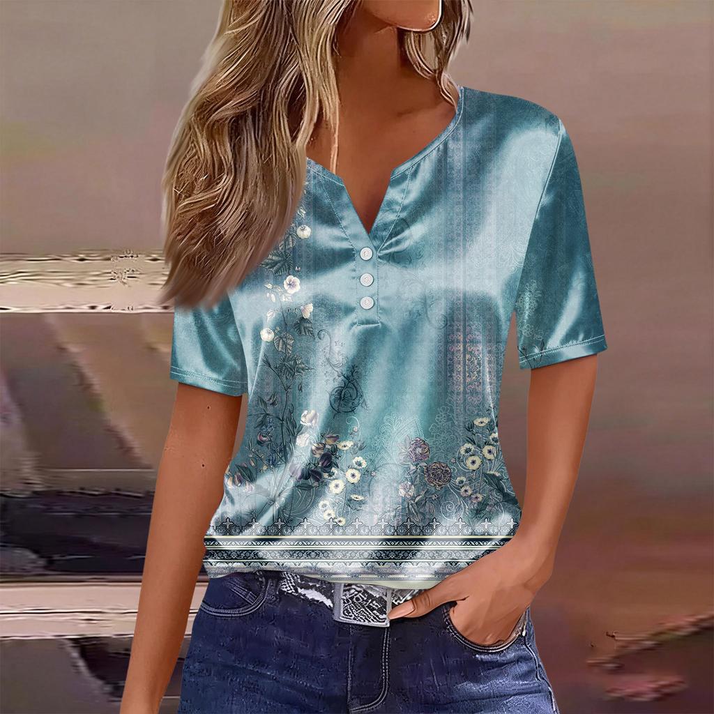 Women's Fashion Casual Retro Print  Collar Short Sleeve Button T-Shirt Top