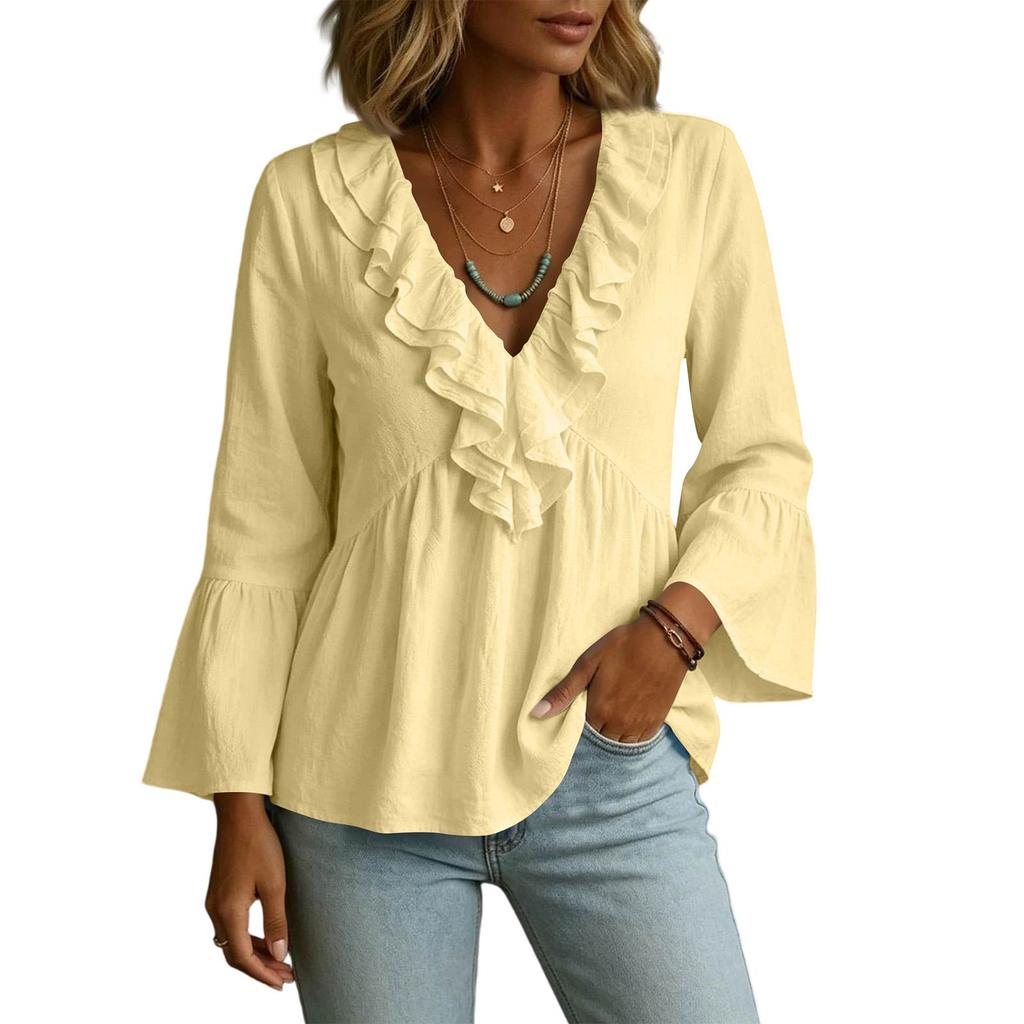 Women's Color V-Neck Ruffled Cotton-Linen Top for Casual Everyday Wear
