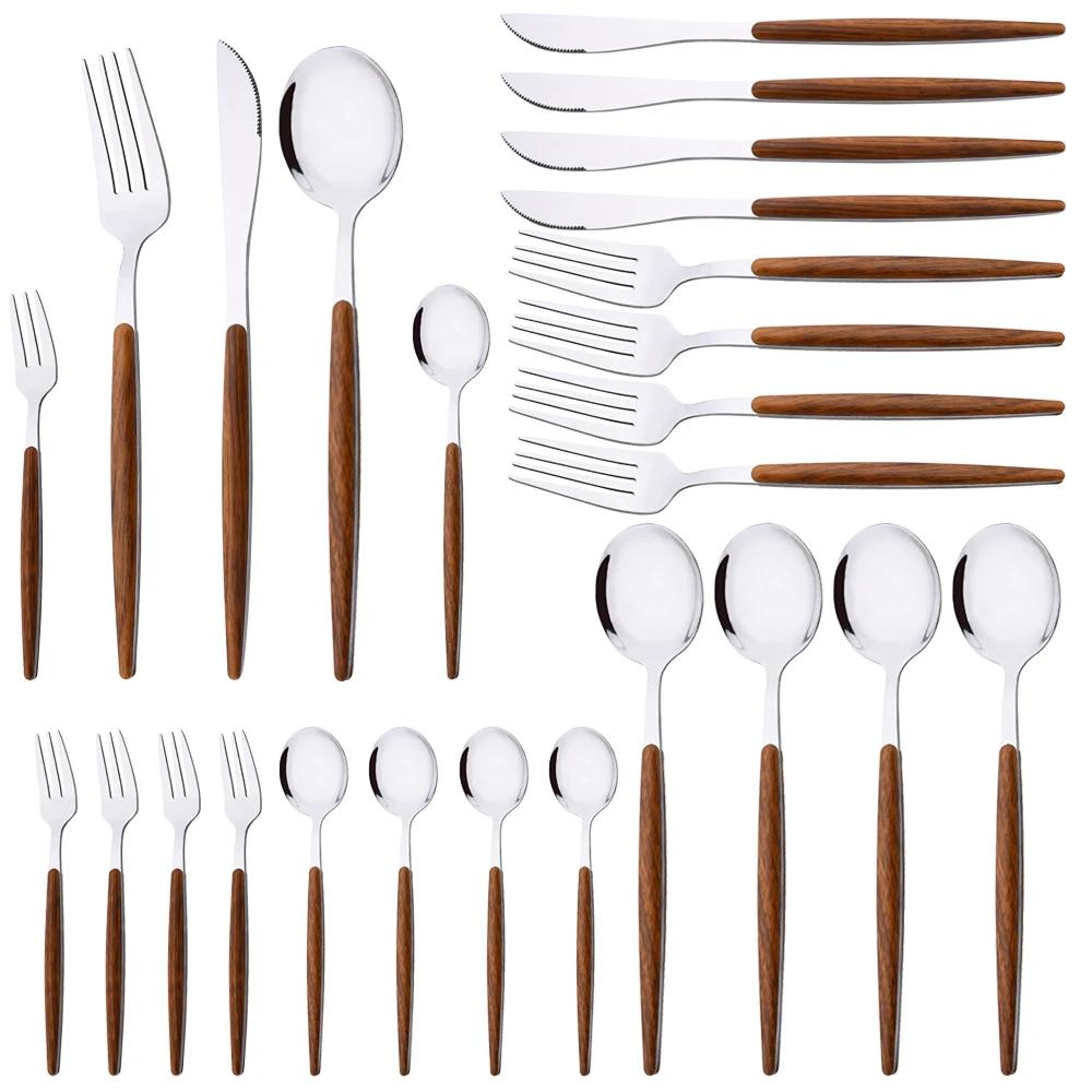 20Pcs Stainless Steel Dinner Flatware Imitation Wooden Handle Dinnerware Knife Coffee Spoon Tea Fork Cutlery Set Tableware