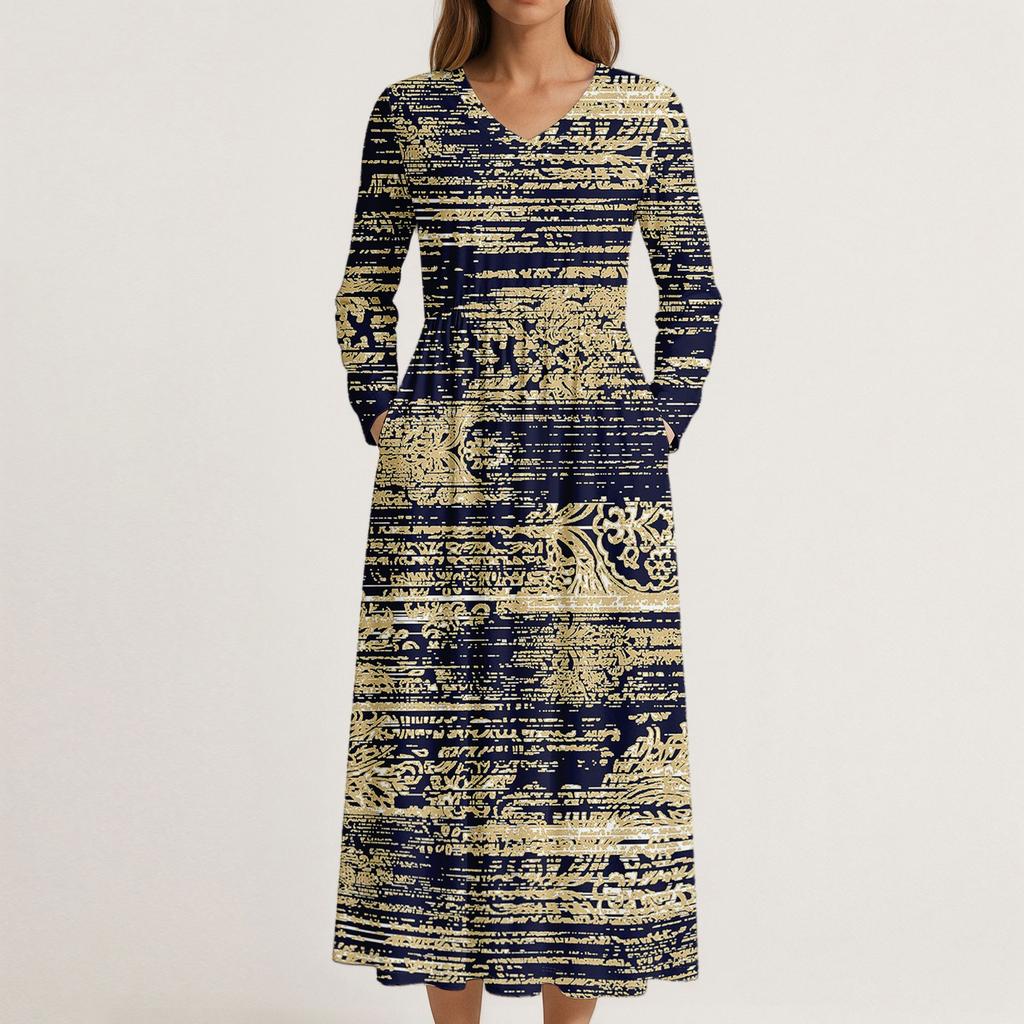 Šaty Pro Ženy Dlouhé Boho Plážové Šaty Elegantní Maxi Šaty Výstřih do V Dlouhý Rukáv Šaty s Kapsami
