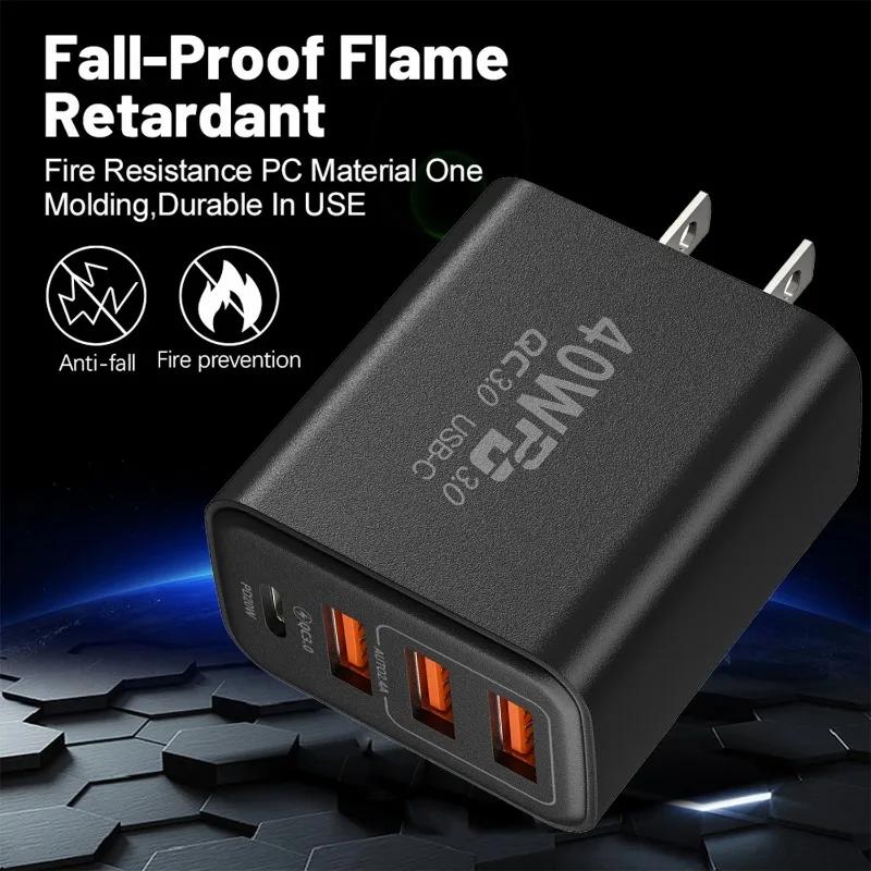 40W 4 Ports USB Type C Charger Quick Charge 3.0 EU/US/UK Plug Fast Charging For Samsung IPhone Xiaomi Phone PD Charge Adapter