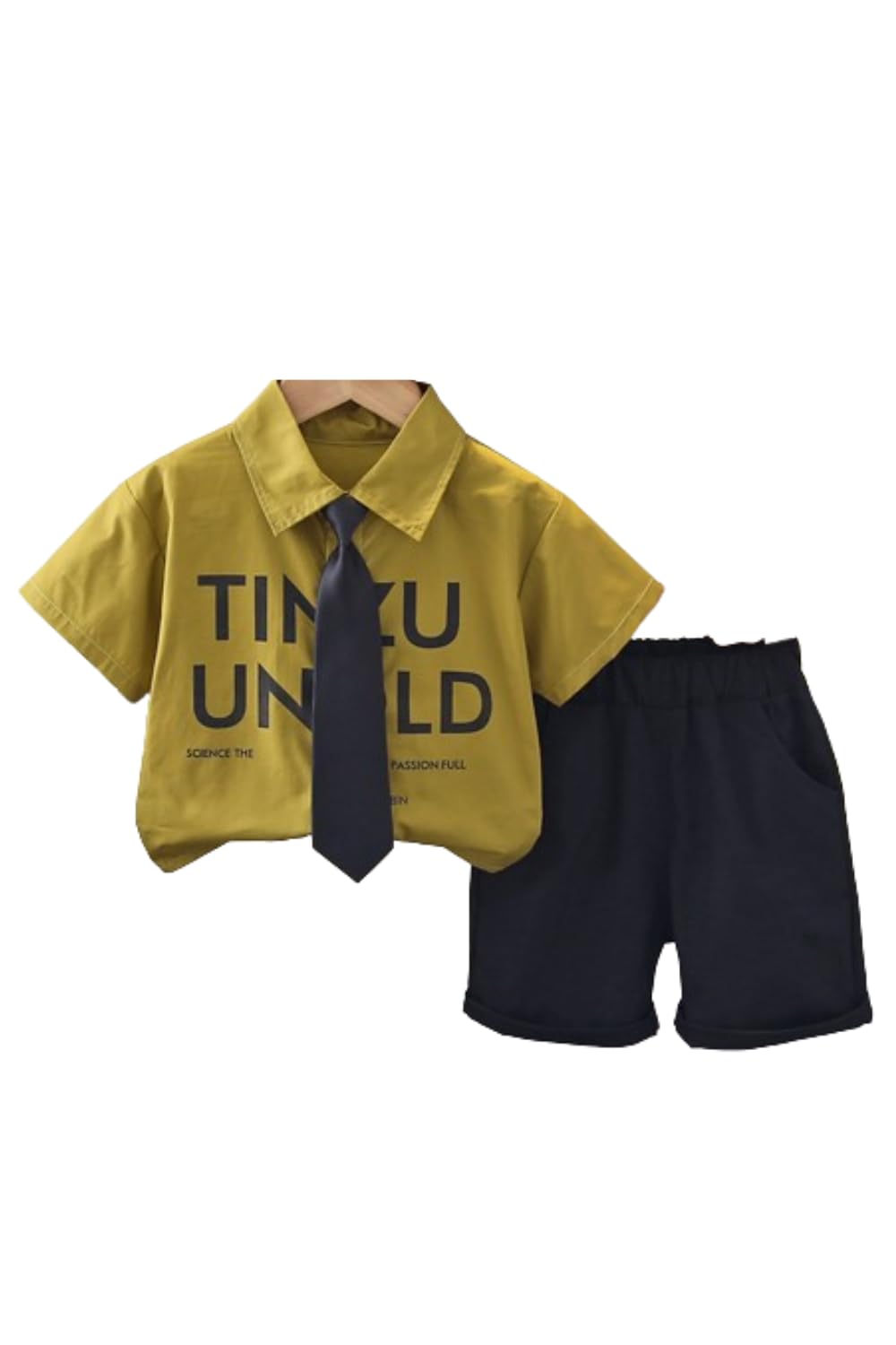 

EnDast Mustard 80cm Summer Suit Short Sleeve Print and Korean Formal Wear for Shrine and Weddings 3-Piece Boys Set, Shirt, Shorts, Tie, Children s горчичный