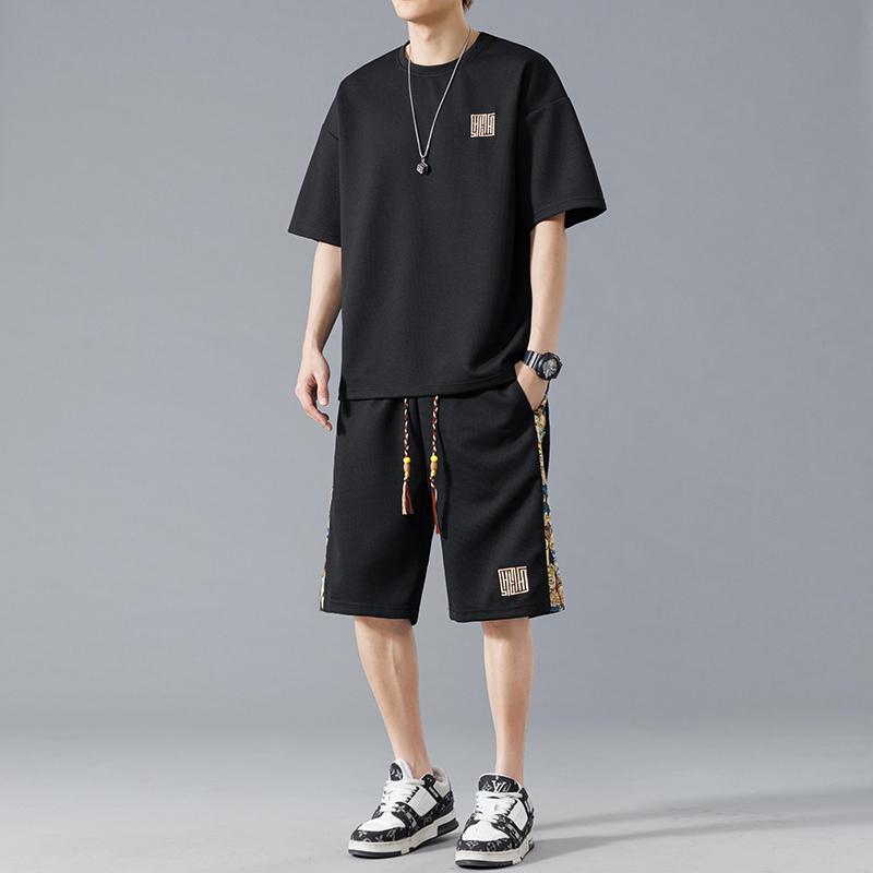 Tuta da Ginnastica da Uomo a Maglia Waffle 2 Pezzi Pannello a Contrasto Coulisse Manica Corta e Pantaloncini