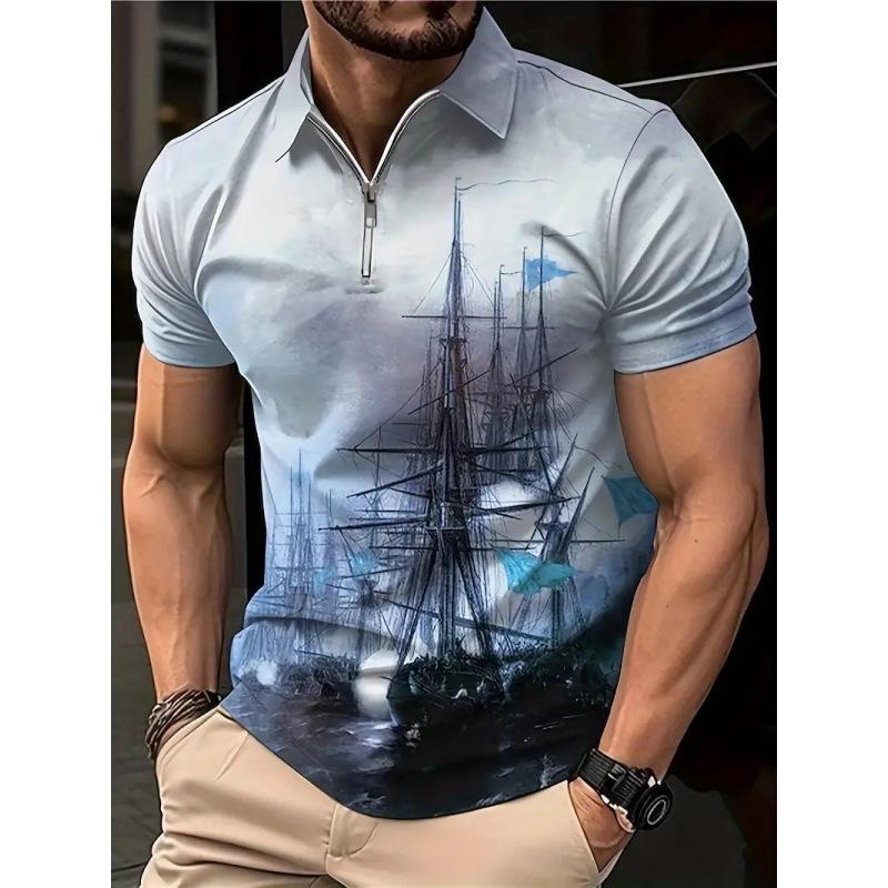 Trendy Short Sleeve Polo Shirt with Sailing Ship Print, Casual Zip Collar Style