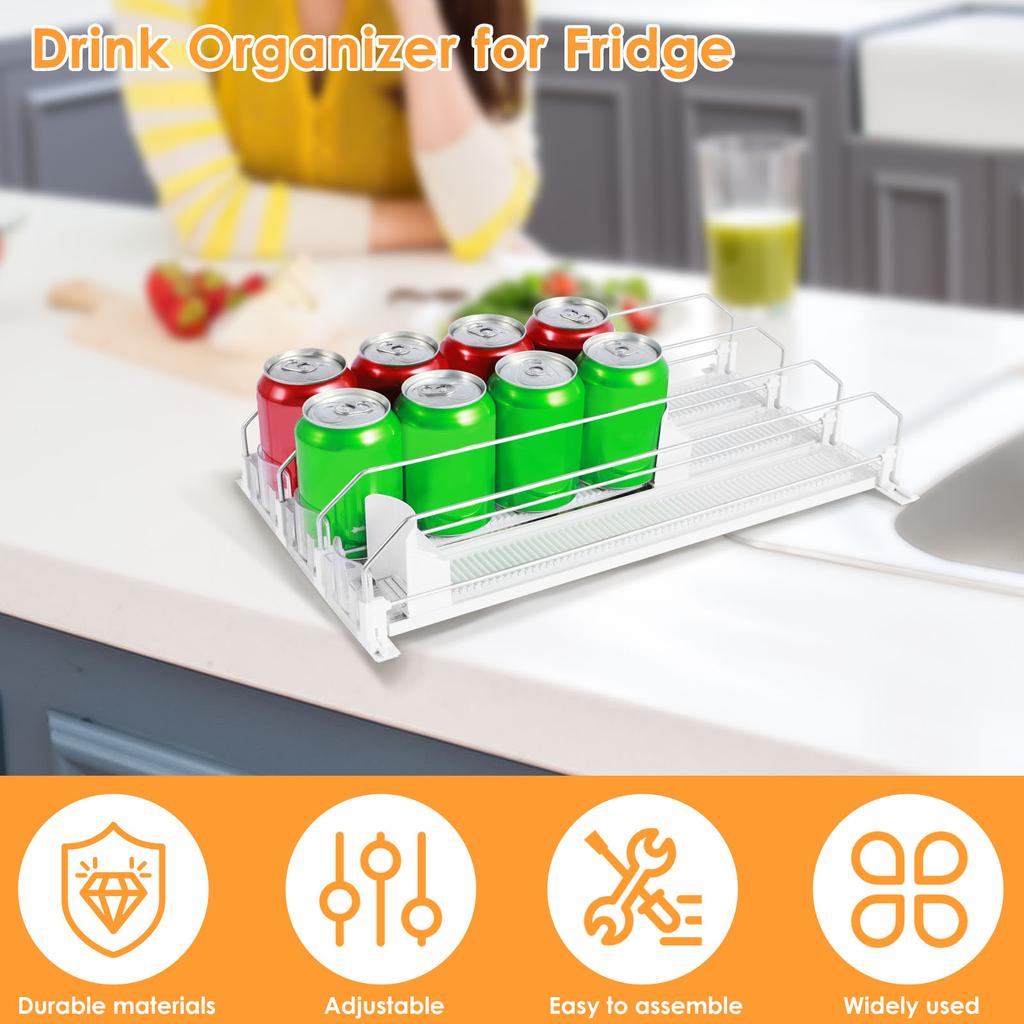 3 Rows Drinks Self-Sliding Fridge Storage Rack for Adjustable Soda Kola Can Dispenser Width Beer Egg Kitchen Organizer