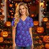 Women's V-Neck Short Sleeve Scrub Top with Pockets Halloween Print for Nurses and Caregivers