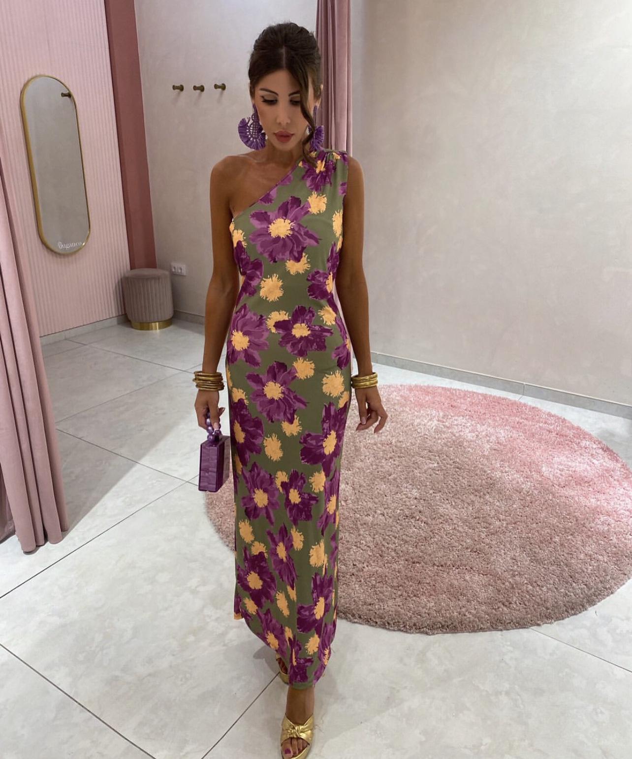 

Trendy One-Shoulder Printed Dress for European and American Women Medium