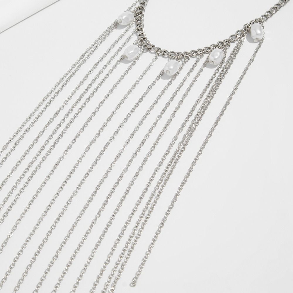 Silver Long Tassel Hand Chain Adjustable Link Chain Bracelets Imitation Pearl Bracelet Unisex